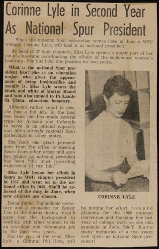 Corinne Lyle in Second Year As National Spur President Newspaper Clipping