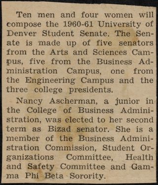 Ten Men and Four Women Will Compose the 1960-61 University of Denver Student Senate Newspaper Clipping, 1960