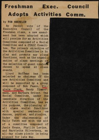 Freshman Exec. Council Adopts Activities Comm. Newspaper Clipping, 1960s