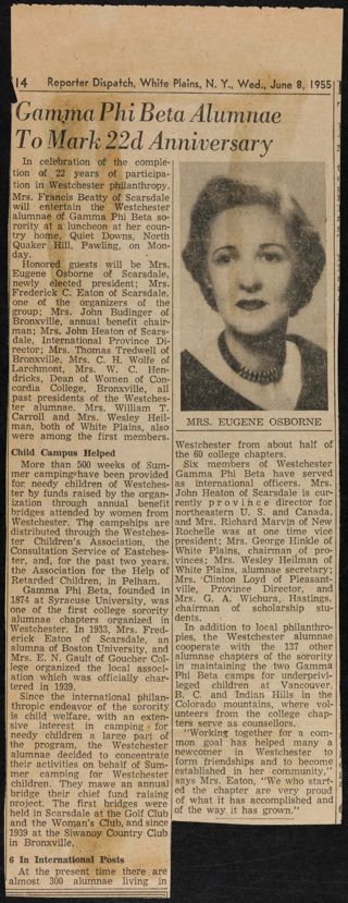 Gamma Phi Beta Alumnae to Mark 22nd Anniversary Newspaper Clipping, June 8, 1955