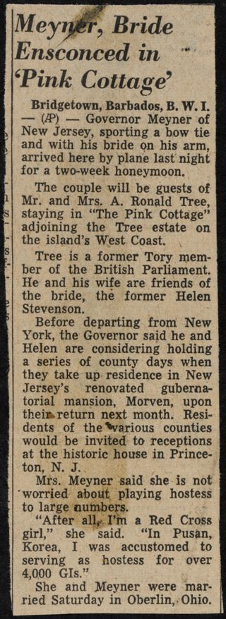 Meyner, Bride Ensconced in "Pink Cottage" Newspaper Clipping, c. 1957