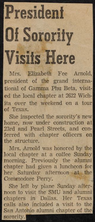 President of Sorority Visits Here Newspaper Clipping