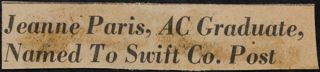 Jeanne Paris, AC Graduate, Named to Swift Co. Post Newspaper Clipping