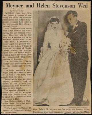 Meyner and Helen Stevenson Wed Newspaper Clipping, January 19, 1957