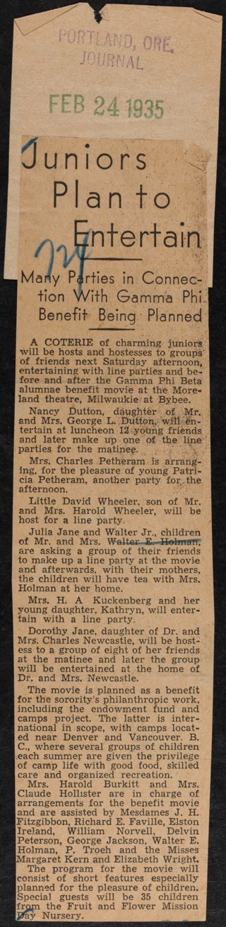 Juniors Plan to Entertain Newspaper Clipping, February 24, 1935