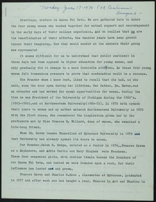 Gamma Phi Beta Sorority Centennial Banquet Speech, June 17, 1974