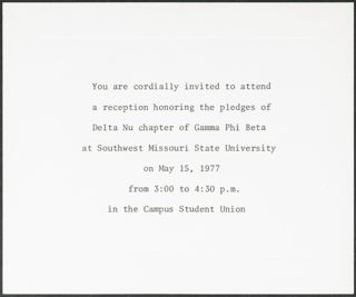 Delta Nu Chapter New Member Class Reception Invitation, May 15, 1977