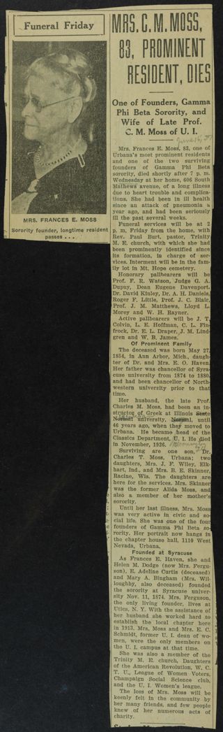 Mrs. C.M. Moss, 83, Prominent Resident, Dies Newspaper Clipping, June 16, 1937
