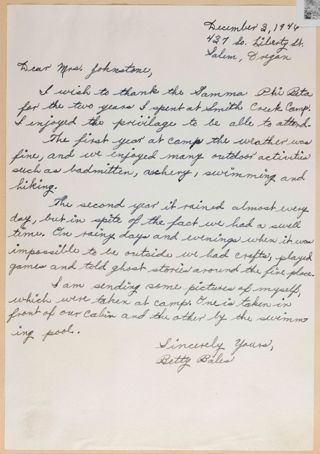 Betty Bales to Verna Johnstone Letter, December 3, 1946
