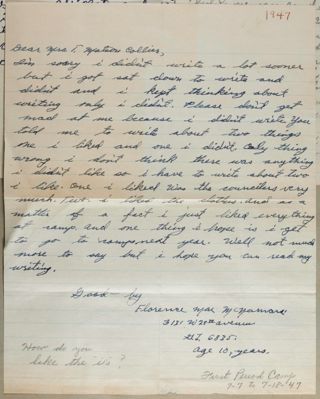 Florence Mill McNamara to Mrs. F. Walton Collier Letter, 1947