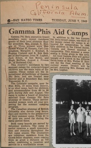 Gamma Phis Aid Camps Newspaper Clipping, June 7, 1949