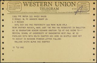 Wallace Smith to L.Z. Rosser Telegram, May 24, 1959