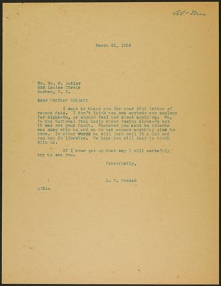 L.Z. Rosser to Brother Butler Letter, March 21, 1953