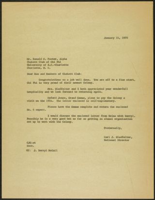Carl J. Gladfelter to Ron and Members of Chakett Club Letter, January 14, 1970