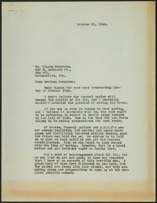 L.Z. Rosser to Brother Murphree Letter, October 21, 1944