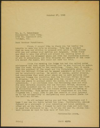 Grand Alpha to Brother Hutchinson Letter, October 27, 1945