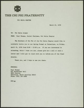 Paul Thomas to Psi Delta Alumni Memo, March 22, 1978
