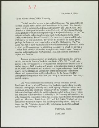 Mark Sheft to Alumni of the Chi Phi Fraternity Letter, December 4, 1989