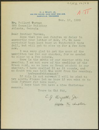 C.J. Wyatt Jr. to Brother Turman Letter, December 18, 1939