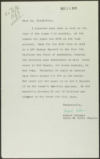 Robert Coleman to Mr. Gladfelter Letter, August 24, 1970
