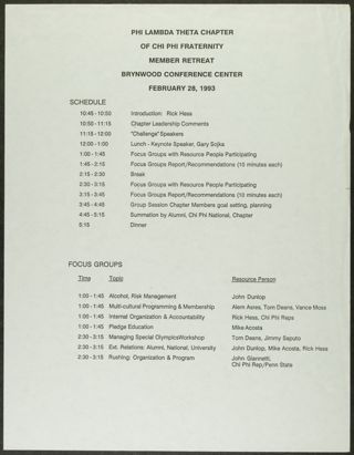 Phi Lambda Theta Chapter of Chi Phi Fraternity Member Retreat, February 28, 1993