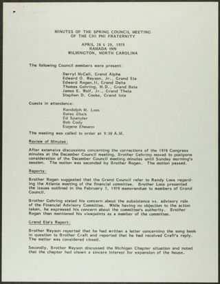 Minutes of the Spring Council Meeting of the Chi Phi Fraternity, April 28-29, 1979