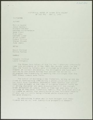 Historical Notes of Sigma Zeta Colony of Chi Phi, May 1, 1990