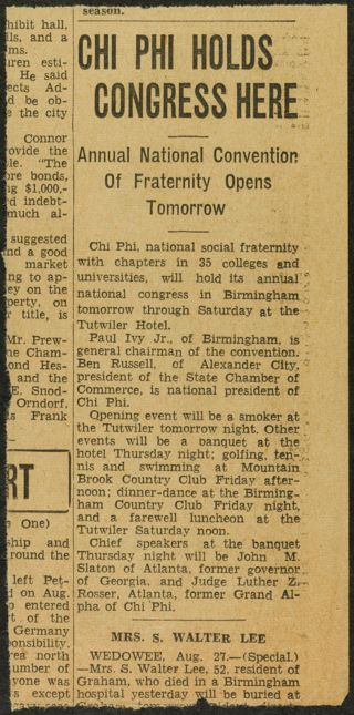 Chi Phi Holds Congress Here Newspaper Clipping, 1940