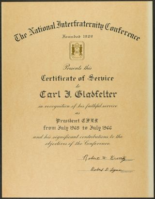 Carl J. Gladfelter National Interfraternity Conference Certificate, July 1965-July 1966