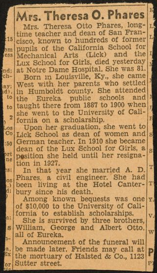 Mrs. Theresa O. Phares Newspaper Clipping, 1934