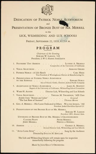 Dedication of Patrick Nobel Auditorium Program, September 22, 1939