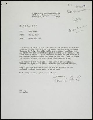 Max F. Baer to BBYO Staff Memorandum, March 28, 1974