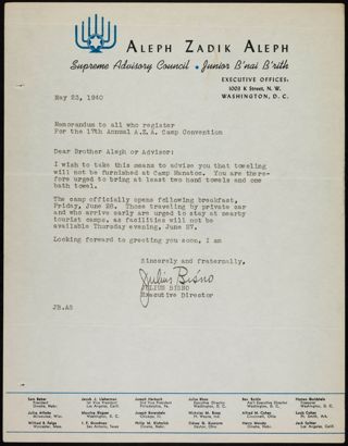 Julius Bisno to 17th Annual National Camp Convention Registrants Memorandum, May 23, 1940