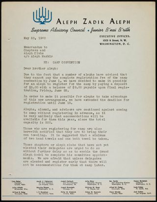 Julius Bisno to Chapters and Aleph Clubs Memorandum, May 23, 1940