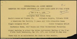International AZA Alumni Reunion: Observing the Golden Anniversary of Aleph Zadik Aleph of B'Nai B'rith Invitation, May 3-5, 1974