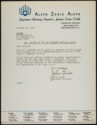 Julius Bisno to Advisors of Chapters and Aleph Clubs Memorandum, January 15, 1940