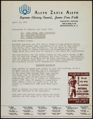 Julius Bisno to Chapters and Aleph Clubs Memorandum, April 18, 1940