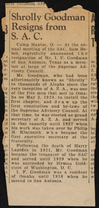 Shrolly Goodman Resigns from S.A.C. Newspaper Clipping, c. 1940