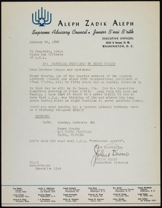 Julius Bisno to Chapters, Aleph Clubs, and Officers Memorandum, January 26, 1940