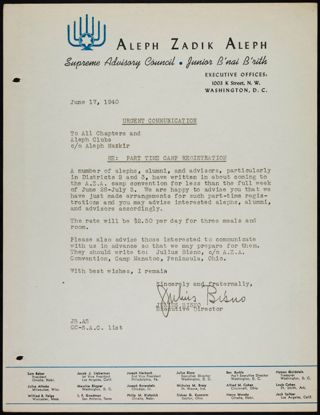 Julius Bisno to Chapters and Aleph Clubs Memorandum, June 17, 1940