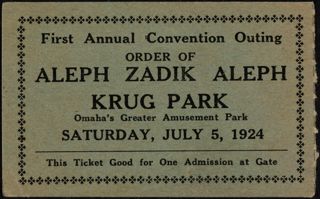 First Annual Convention Outing, Order of Aleph Zadik Aleph, Krug Park Ticket, July 5, 1924