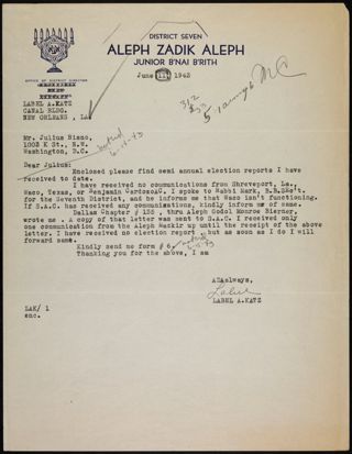 Label A. Katz to Julius Bisno Letter, June 11, 1943