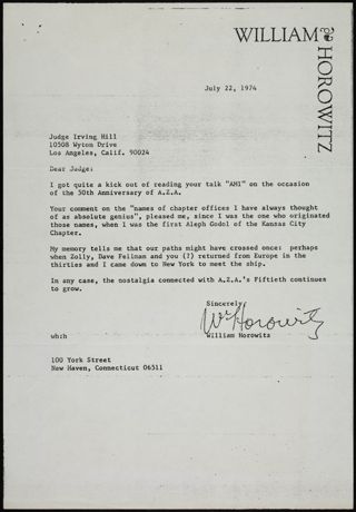 William Horowitz to Judge Irving Hill Letter, July 22, 1974