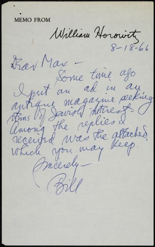 William Horowitz to Max Baer Letter, August 18, 1966