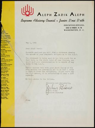 Julius Bisno to Aleph Godol Letter, May 1, 1941