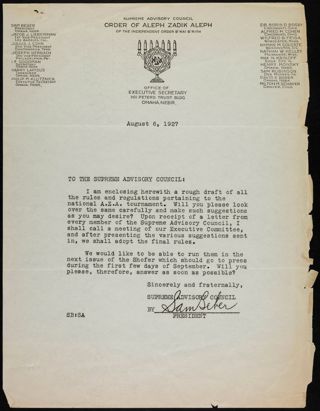 Sam Beber to Supreme Advisory Council Letter, August 6, 1927