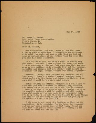 Bruno Aron to Dr. Abram L. Sachar Letter, May 24, 1946