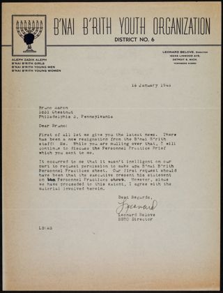 Leonard Belove to Bruno Aaron Letter, January 16, 1946