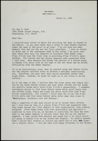 Sam Beber to Max F. Baer Letter, March 11, 1964