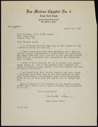 Charles Shane to Heim Wolberg Letter, August 13, 1924